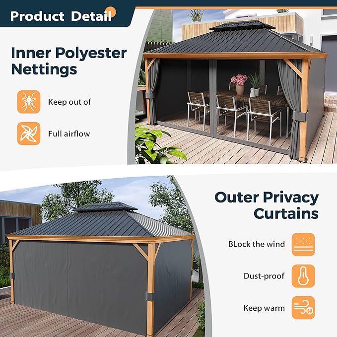 HAPPATIO 12' x 16' Hardtop Gazebo, Outdoor Wood Grain Frame Aluminum Gazebo, Double Roof Permanent Patio Canopy with Netting and Curtains for Garden, Patio, Lawns, Parties (Grey)