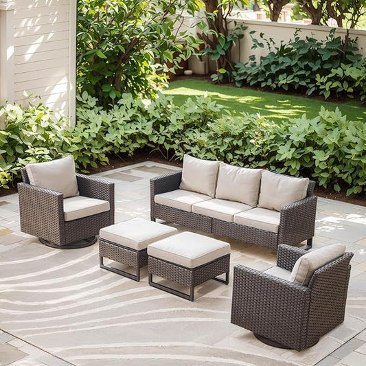Rilyson Wicker Outdoor Patio Furniture Set - 5 Piece Patio Conversation Set with 2 Swivel Rocker Chairs,2 Rattan Ottoman and 1 Couch for Outside Porch Deck Backyard Garden(Brown/Beige)