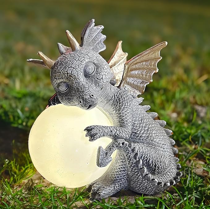 8.6" Solar Dragon Garden Statue, LED Figurine Light, Resin Outdoor Sculpture, Solar Powered Yard Art, Night Garden Light, Solar Landscape Path Light Ornament, Lawn Solar Lighting Figurine Art