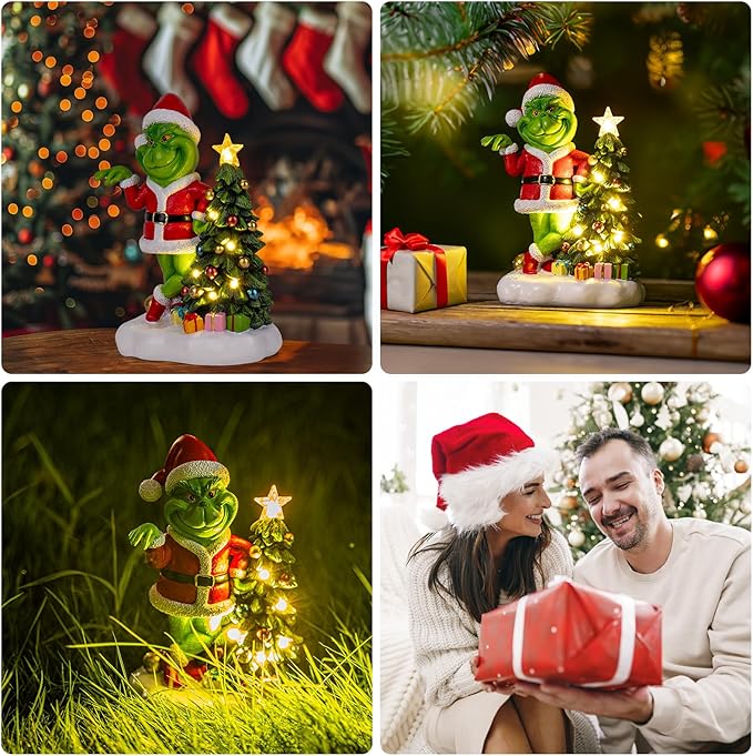 Green Monster Solar Garden Statue with Christmas Tree and 6 LED Lights - Outdoor Figurine - Glossy Resin - Waterproof - Spot Clean - Christmas Decor
