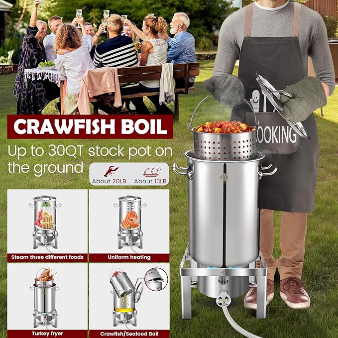 ARC 32QT Stainless Steel Stock pot with 55,000BTU Propane Burner, 6-Piece For Seafood Boil Pot with Basket and Steamer Rack,Cookware for Crawfish Crab Shrimp Lobster Boiling Pot, Turkey Fryer Pot