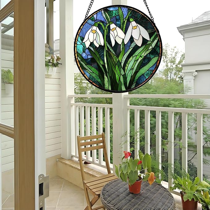 Stained Glass Window Hanging - Green Plants Birth Flowers Suncatcher for Doors Garden Patio Sun Catchers Decor Christmas Mother's Day Birthday Gifts for Women Men Mom Nana Friend 7.8 in