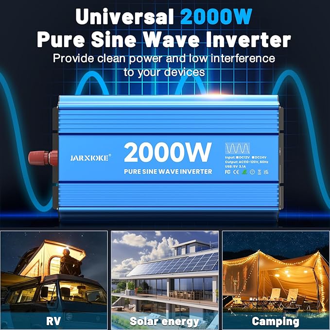 2000 Watt Pure Sine Wave Power Inverter, 12V DC to 110 Vdc to 120 Vdc, for Home, RV and Off-Grid Solar Systems, with 2 AC Outlets and USB Port, LCD Display, with Remote Control