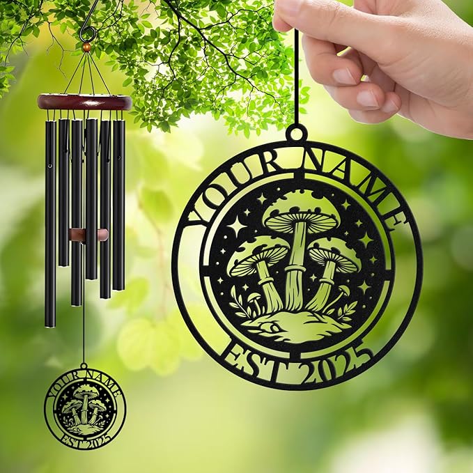 Personalized Customize Name Fantasy Mushroom Wonderland Wind Chime, Metal Iron 37 Inch Outdoor Memorial Gift for Garden Yard Patio Home Decor, Black (Style G)