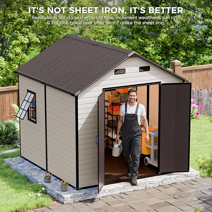 CDCASA 8x8 FT Resin Storage Shed with Floor Included, Large Waterproof Outside Plastic Storage Sheds with Base, 2 Adjustable Openable Windows,for Backyard Patio Lawn, Brown & Light Grey
