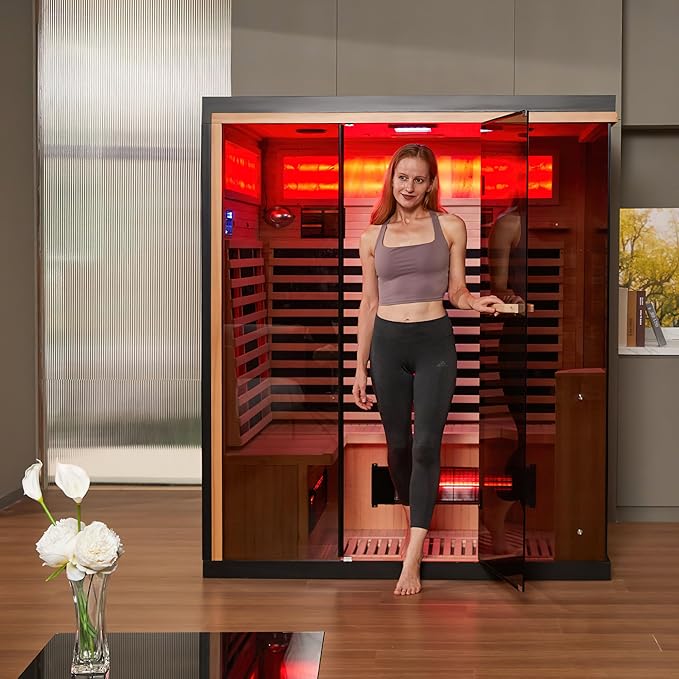 Infrared Sauna, 3-4 Person Home Sauna with Himalayan Salt Panel & 10 Minutes Warm-up System, Indoor Sauna Spa Room with Canadian Hemlock&Panoramic Tempered Glass,220V