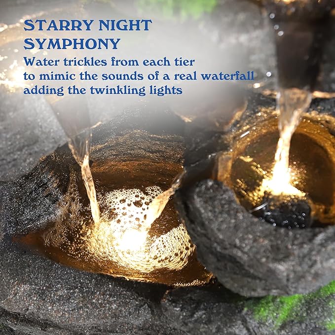 TITIMO 10-Tier Cascading Rock Water Fountain Outdoor Garden Waterfall with Lights,Fountain Indoor Decor for Garden, Patio, Backyard, Deck, Porch and Home Art Decor