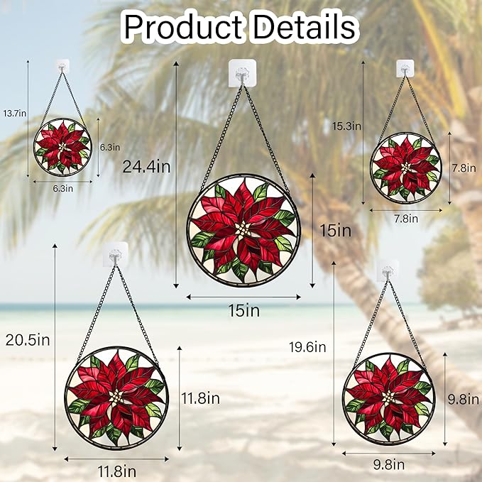 Stained Glass Window Hanging - Red Poinsettia Birth Flower Suncatcher for Door Garden Yard Sun Catchers Decor Christmas Mother's Day Birthday Gifts for Women Mom Nana Friend Men 15 in
