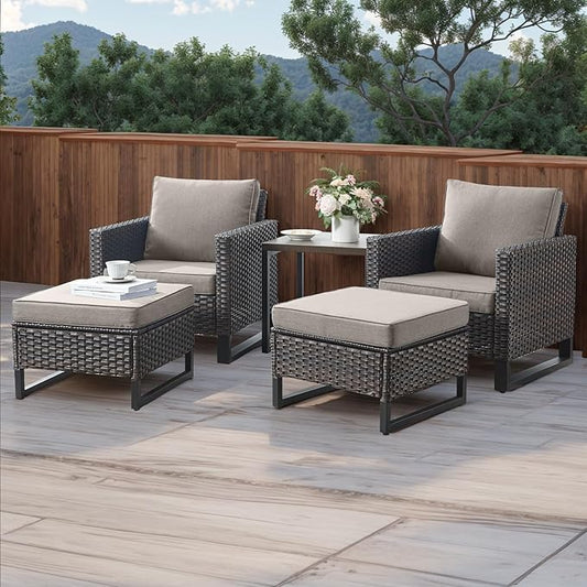 HUMMUH 5 Piece Patio Furniture Outdoor Bistro Set All-Weather Wicker Outdoor Chairs with Ottomans End Table for Patio,Porch,Garden,Backyard