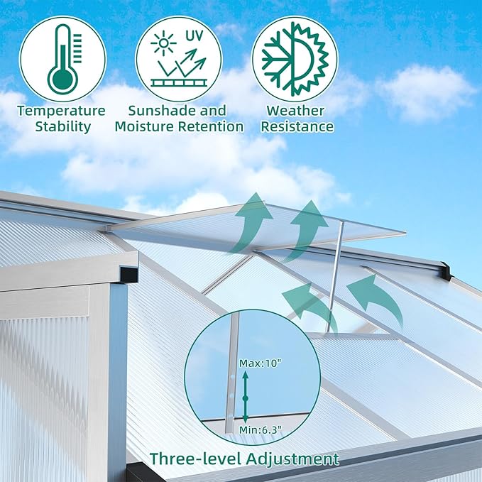 6x8 FT Polycarbonate Greenhouse with Roof Vent - Large Aluminum Walk-in Greenhouse Kit for Gardening, Backyard, Patio, Lawn - Easy Assembly