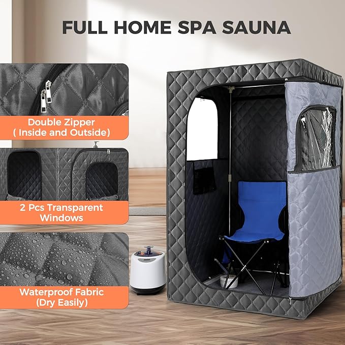Upgraded Version Portable Sauna for Home Full Body Personal Sauna Steam Sauna Tent at Home Spa with 2.6L 1000W Steam Generator, 90 Minute Timer, Foldable Chair, Remote Control, Sauna Box(Grey)