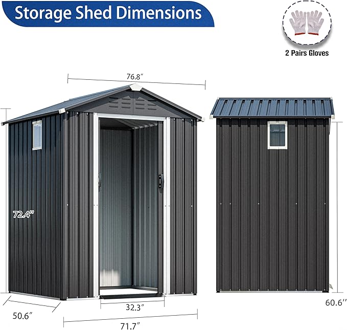 JY QAQA 6x4 FT Outdoor Garden Storage Shed, Waterproof Metal Garden Sheds with Lockable Double Door, Weather Resistant Steel Tool Storage House Shed for Patio, Lawn Gray