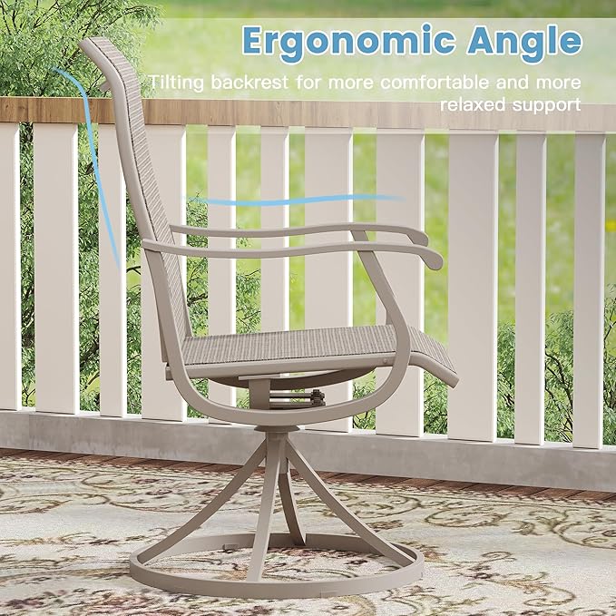 DIFY 5 Pieces Outdoor Patio Dining Set for 4, 37.8" Grey Wood-Like Metal Square Dining Table and 4 Sandshell Textilene Patio Swivel Chairs, Outdoor Table and Chairs