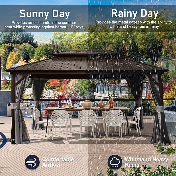 Domi Hardtop Gazebo 10x14FT, Aluminum Outdoor Gazebo with Galvanized Steel Double Roof Canopy, Curtains and Netting Included, Metal Gazebo Permanent Pavilion for Patio, Lawn, Garden, Brown