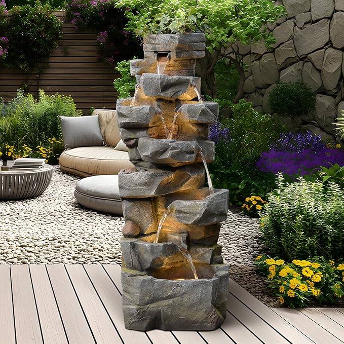 58“H Outdoor Garden Water Fountain 6 Tiers Large Cascading Rock Natural Waterfall Outdoor Fountain with LED Lights for Patio Porch Backyard Home Art Decor