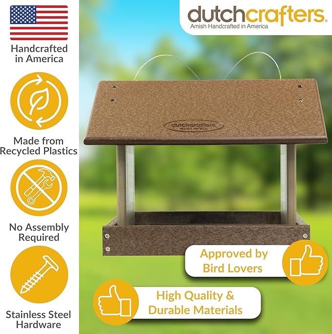DutchCrafters Poly Hanging Hopper Bird Feeder, Large Hanging Bird Feeder for Outside, Outdoors - Amish American Made (Tudor Brown & Weatherwood)
