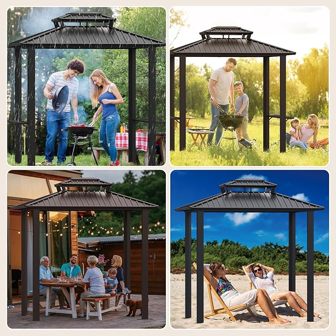 Hoteel 6x8ft Hardtop Grill Gazebo, Outdoor Patio Aluminum Frame Barbecue Gazebo with Galvanized Steel Double Roof and 2 Side Shelves for Deck Lawn Backyard Garden and Party, Black(2025 Upgraded)