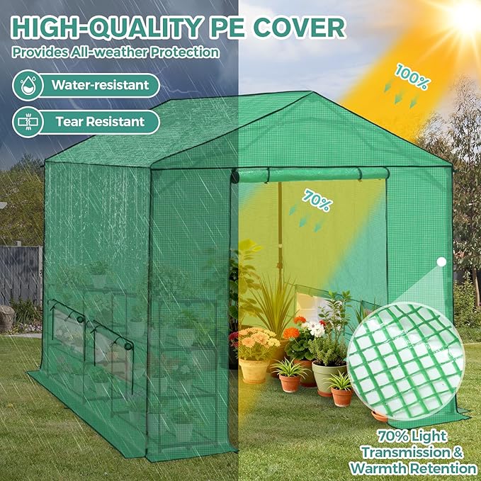 COOS BAY 8x8 FT Portable Walk-in Greenhouse, Pop up Outdoor Green House with Power Access Openings, Zippered Doors & Windows, Durable PE Cover, Green