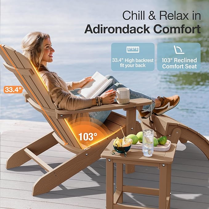 YEFU Adirondack Chairs Set of 2: Outdoor Chair HIPS Plastic Adirondack Chairs - Patio Chairs with Wood Texture - Lawn Fire Pit Deck Porch Garden Chairs for Adults (Teak)