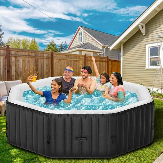 4-6 Person Inflatable Hot Tub, Polygon Portable Blow Up Hot Tub, Leak-Proof PVC Outdoor Spa with 130 Strong Air Jets, Heater Pump and Insulated Cover, 77” X 77”X 25”