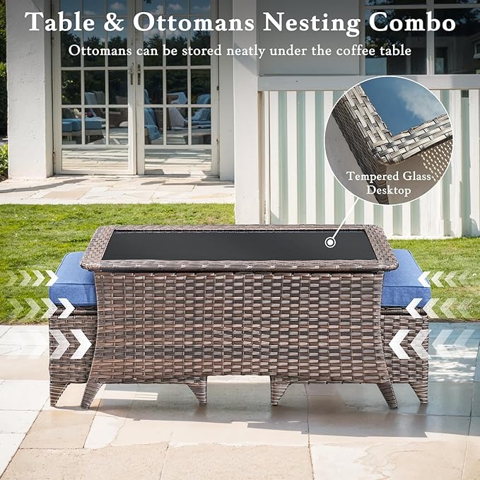 Luxury High Back Outdoor Furniture with 6-inch Extra Thick Cushions, Patio Furniture Set with Swivel Chairs, 7 PCS Wicker Conversation Set for Yard, Deck, Poolside, Brown/Blue