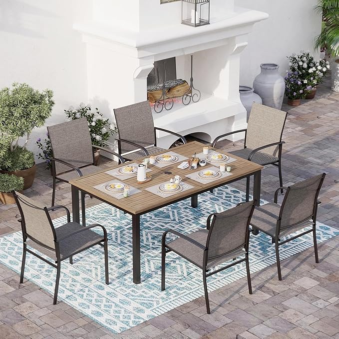 7 Piece Outdoor Dining Set for 6, Rectangular Wood-Like Metal Table with Umbrella Hole and 6 Dining Chairs, Outdoor Table and Chairs for Lawn Garden Backyard and Deck, Brown