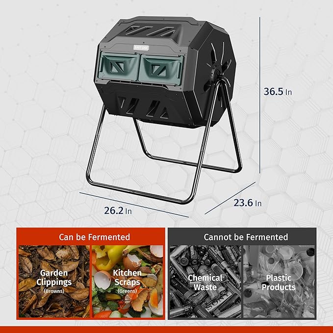 East Oak Compost Tumbler Outdoor, 43-Gal Dual Chamber Compost Bin with 2 Sliding Door and Aeration System, Tumbling Rotating Composter Bin for Garden, Kitchen, Yard