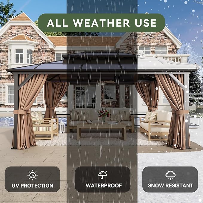 Aoxun 12'x16' Hardtop Gazebo, Aluminum Frame Permanent Pavilion with Netting and Curtains, Outdoor Polycarbonate Double Roof Canopy, Designed for Lawn, Garden, Patio (Khaki)