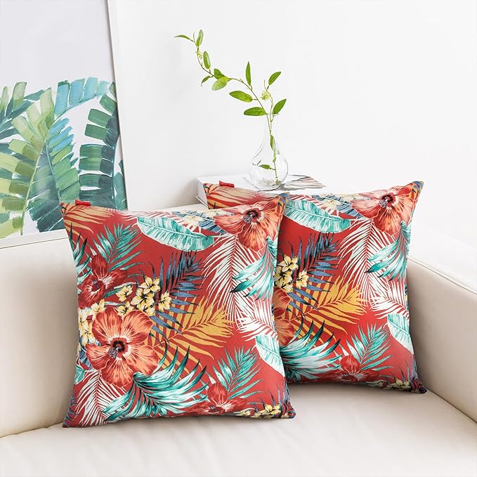 Throw Pillow with Insert, Set of 2, Outdoor Indoor Waterproof Decorative Patio Throw Pillow 18x18 Inch, Square Cushion for Couch Sofa Garden Farmhouse Decoration-Chili Red Floral