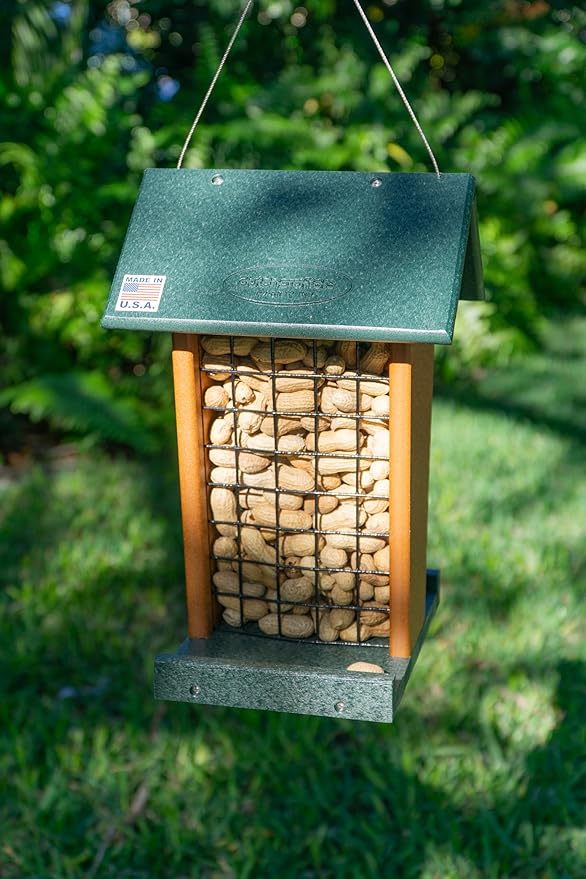 DutchCrafters Plastic Poly Hanging Whole Peanut Bird Feeder for Large Birds, Woodpeckers, Crows, Blue Jays for Outdoor, Garden, Yard - USA Amish Made (Turf Green & Cedar)