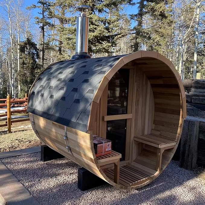 Smartmak Customized Outdoor Barrel Steam Sauna, 2-10 Person Canadian Hemlock/Red Cedar Traditional Wood Sauna Room with 220V ETL-Certified Heater, Backrest Headrest, Rocks, Light Accessories Included