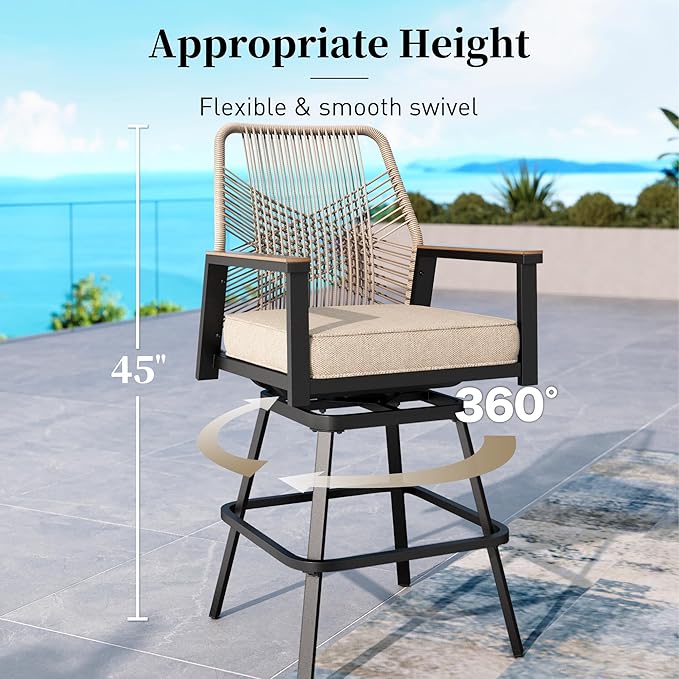 Outdoor Swivel Bar Stools Set of 2, Rattan High Top Patio Chairs with Waterproof Cushion and Armrest, All-Weather Bar Height Furniture for Outside Patio Balcony and Pool, Beige