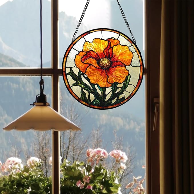 Stained Glass Window Hanging - Orange Poppy Birth Flower Suncatcher for Door Garden Yard Retro Sun Catchers Decor Christmas Mother's Day Birthday Gifts for Women Mom Nana Friend 11.8 in