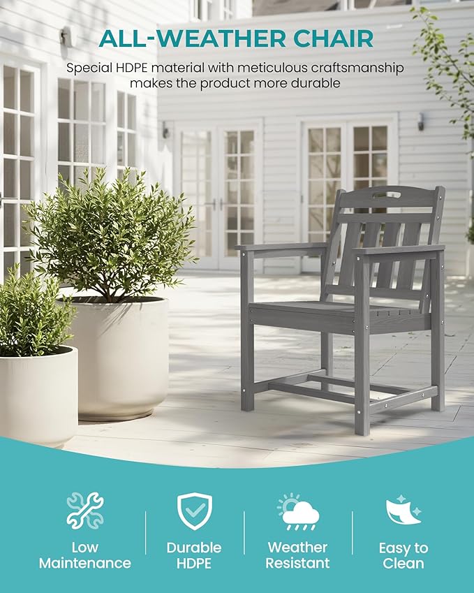 Set of 2 Weatherproof Patio Chairs - HDPE Outdoor Dining Chairs with Wide Seat, Ergonomic Design - for Garden, Backyard, Deck - Grey