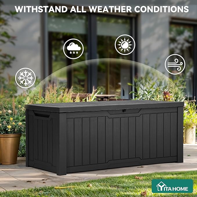 YITAHOME 120 Gallon Resin Deck Box, Weather Resistant Outdoor Storage Box for Patio Cushions, Garden Tools, Pool Supplies, Lockable, Easy With Tool Assembly, Extra Seat or Table (Black)