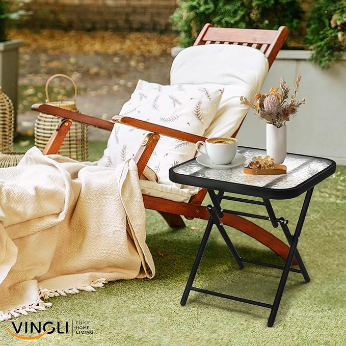VINGLI Folding Glass Outdoor Side Table, 18 Inches Small Foldable Patio Bistro Table with Tempered Glass Table Top for Lawn & Garden, Balcony, Porch and Pool, Rectangular