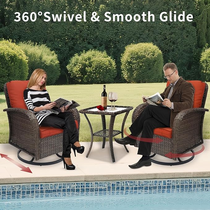 3 Pieces Patio Furniture Set, Outdoor Swivel Rocking Chair Set of 2 with Side Table - 360° Swivel, Thick Cushions, All-Weather Bistro Set for Deck, Porch, Pool(Red, Brown Full-Weave Rattan)