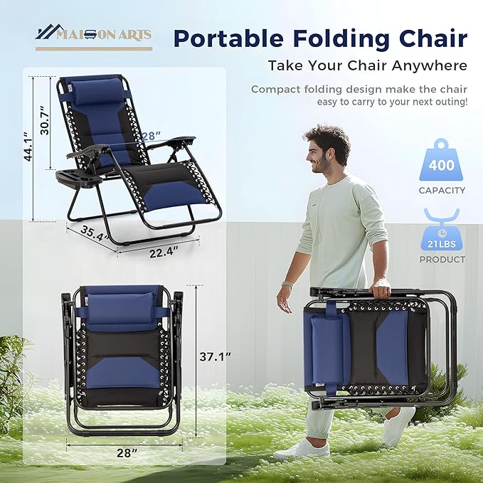 MAISON ARTS Oversized Padded Zero Gravity Chairs Set of 2, Folding Patio Lounge Chair, 28" Wide Seat Anti Gravity Recliners for Lawn Outdoor Camping Poolside Yard, Support 400lbs, Blue & Black