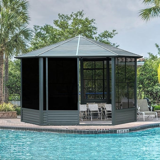 Domi 13x13FT Sunroom, Octagonal Solarium Aluminum Hardtop Gazebo with Galvanized Steel Roof, Detachable PE Screen, Sliding Door, Sun Room Pavilion Gazebo for Deck Backyard Garden