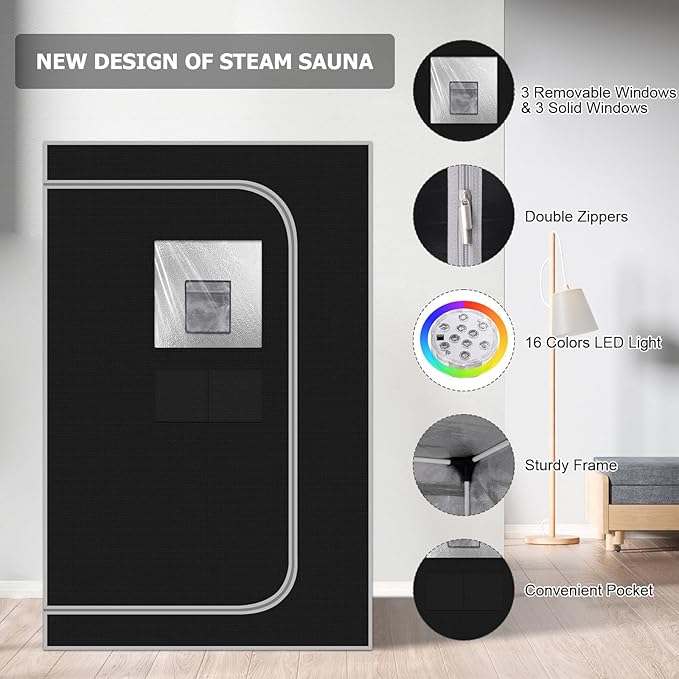 Smartmak Portable Steam Sauna, Personal Sauna Box for Home Spa, 4L Steamer, Full Body Sauna Tent with Adjustable Vision, 16 Levels, 99 Minute Timer, Remote Control, Light, Large Foldable Chair, Black