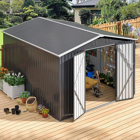 Polar Aurora 10 x 14 FT Outdoor Storage Shed, Metal Garden Shed with with Updated Frame Structure, Tool Sheds for Backyard Garden Patio Lawn, Black