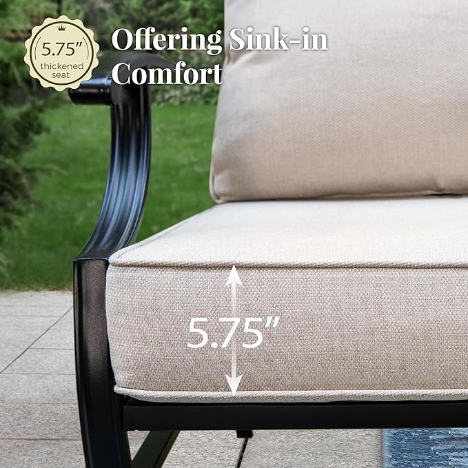Patio Furniture Set 4 pcs, Metal Outdoor Patio Furniture, 3-Seat Sofa, 2 Single Chairs, Metal Coffee Table and 5.75" Extra Thick Cushion, Patio Conversation Set,Beige