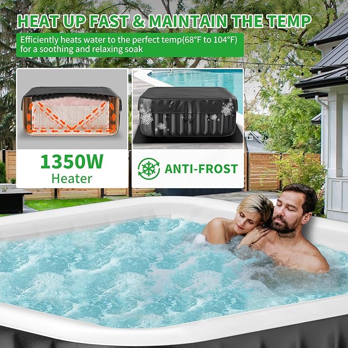 4-6 Person Inflatable Blow Up Hot Tub, Square Portable Hot Tub, Leak-Proof PVC Outdoor Spa with 130 Strong Air Jets, Heater Pump and Insulated Cover, 73” X 73”X 25”