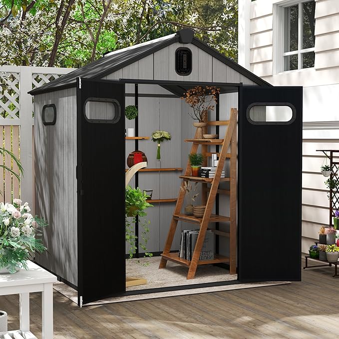Domi 6×6ft Outdoor Resin Storage Shed - 212+ Cubic Ft Weatherproof Double-Wall Yard Shed with Skylight, Lockable Door and Carpet, Heavy-Duty Steel Frame Storage Building for Lawn Mower, Bike, Tools