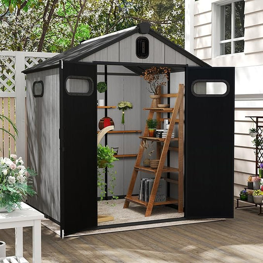 Domi 6×6ft Outdoor Resin Storage Shed - 212+ Cubic Ft Weatherproof Double-Wall Yard Shed with Skylight, Lockable Door and Carpet, Heavy-Duty Steel Frame Storage Building for Lawn Mower, Bike, Tools