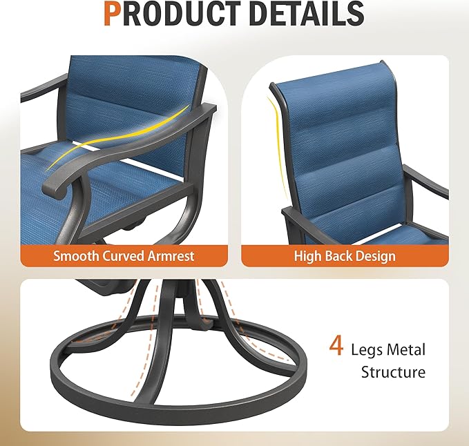 UDPATIO Patio Swivel Dining Chairs Set of 2, Outdoor Dining Chairs High Back with Padded All Weather Breathable Textilene, Metal Rocking Frame for Lawn Garden Backyard, Navy