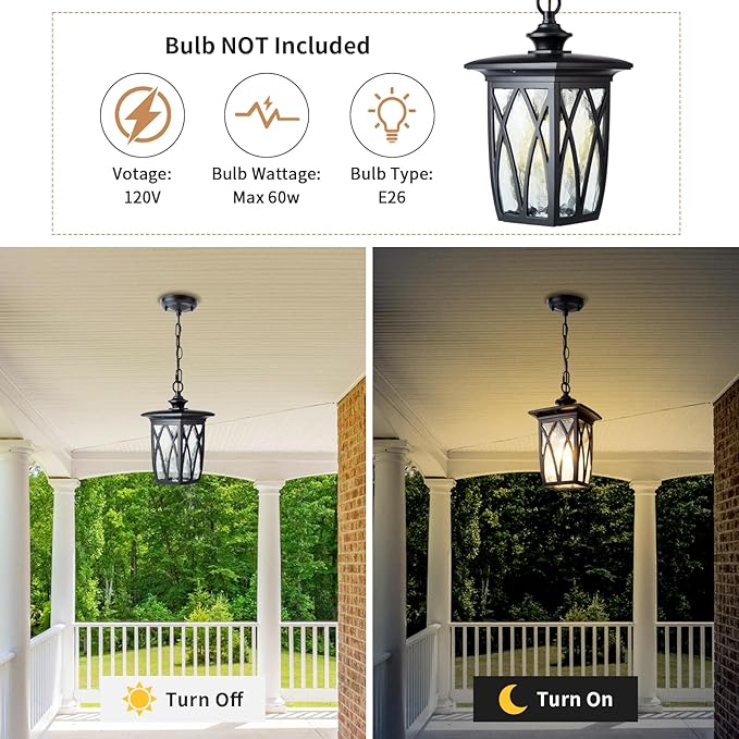 15'' Outdoor Pendant Light Fixture, Exterior Hanging Lantern, Modern Black Metal Outside Chandelier Light Fixture Ceiling Mount with Water Ripple Glass & Adjustable Chain for Porch, Gazebo, Front Door