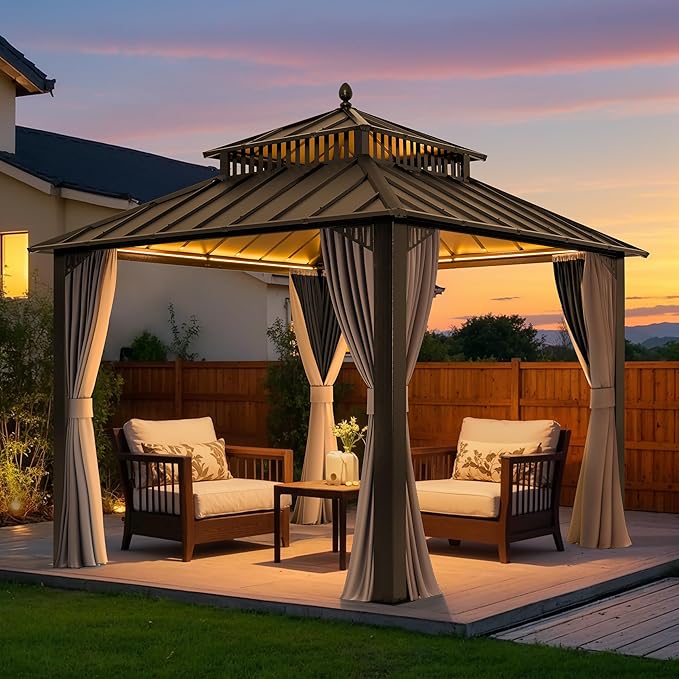 SUNJOY Kingston 10' x 10' Hardtop Gazebo with Galvanized Steel Double Roof, Curtain and Netting, Brown Aluminum Posts Permanent Pavilion Gazebo for Garden, Patio, Deck, Lawn