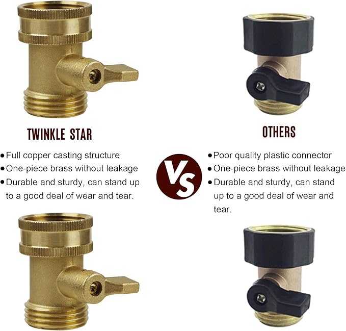 Twinkle Star Water Hose Shut Off Valve, 2 Pack Heavy Duty 3/4 Inch Solid Brass Garden Hose Connector, TWIS3003