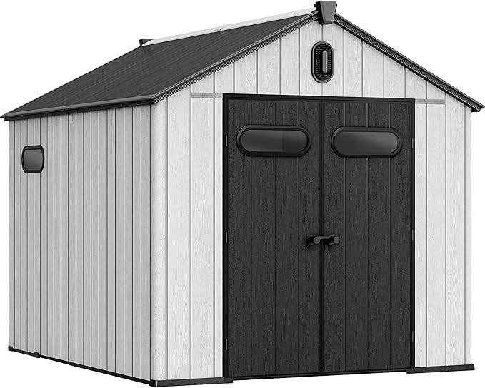 YITAHOME 8x10ft Resin Storage Structure, Outdoor 544 cuft Plastic Garden Storage Unit with Windows, Vents and Lockable Entrance, Waterproof Tool Organizer with Flooring for Lawn Equipment，Gray